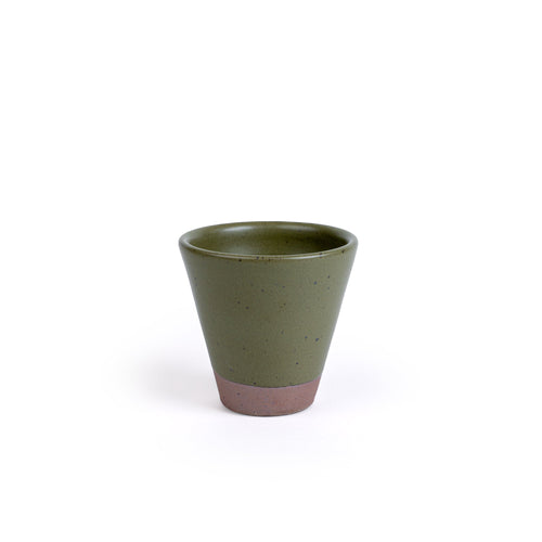 A tapered cup in an olive green color with iron speckles and unglazed base.